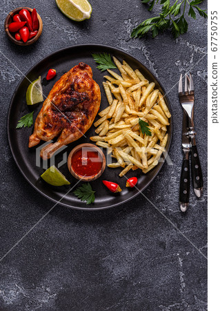 Half Roasted Chicken Piri Piri with French Fries 67750755