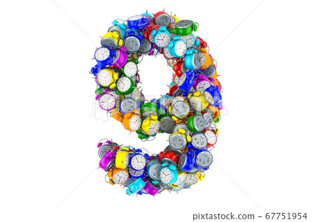 Number 9 from colored alarm clocks, 3D rendering 67751954