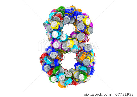 Number 8 from colored alarm clocks, 3D rendering 67751955