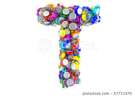 Letter T from colored alarm clocks, 3D rendering Letter T from colored alarm clocks, 3D rendering 67751970