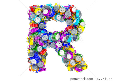 Letter R from colored alarm clocks, 3D rendering Letter R from colored alarm clocks, 3D rendering 67751972