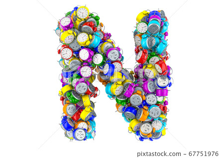 Letter N from colored alarm clocks, 3D rendering 67751976
