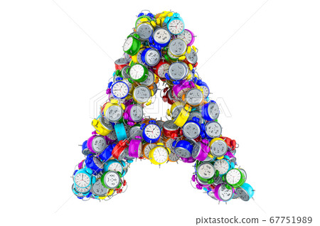 Letter A from colored alarm clocks, 3D rendering 67751989