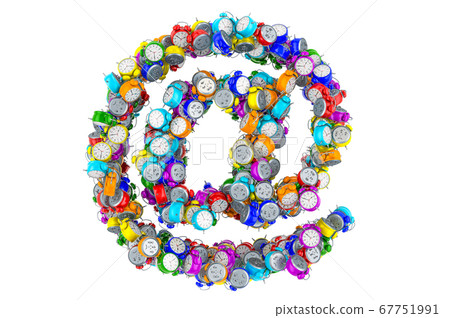 At sign, e-mail symbol from colored alarm clocks At sign, e-mail symbol from colored alarm clocks 67751991