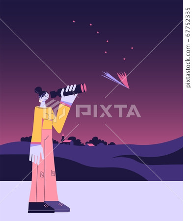 Woman examining a comet with binoculars Woman examining a comet with binoculars 67752335