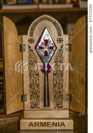 Copy of the legendary spear Longin in a wooden box with doors, after which the medieval monastery Geghard in Armenia is named. Copy of the legendary spear Longin in a wooden box with doors, after which the medieval monastery Geghard in Armenia is named. 67753100