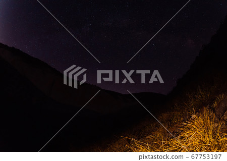 Night star sky with Milky way galaxy and canyon, mountains with trees Night star sky with Milky way galaxy and canyon, mountains with trees 67753197