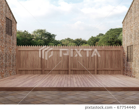 An empty wood terrace between old bricks building 3d render An empty wood terrace between old bricks building 3d render 67754440