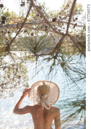 Rear view of topless beautiful woman wearing nothing but straw sun hat realaxing on wild coast of Adriatic sea on a beach in shade of pine tree. 67756073