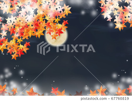 水彩秋天的落葉和滿月 67760819