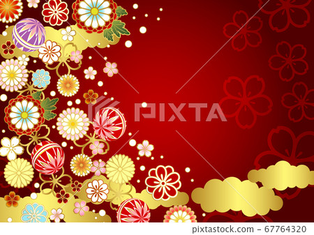 日本圖案背景花和球的水平排列 日本圖案背景花和球的水平排列 67764320