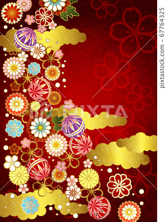 日本紙水彩風格花和球日本圖案背景水平 67764325