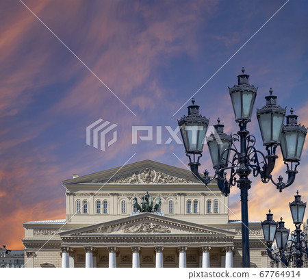 Bolshoi Theatre (Large, Great or Grand Theatre, also spelled Bolshoy) on a beautiful sky with cloud before sunset background, Moscow, Russia Bolshoi Theatre (Large, Great or Grand Theatre, also spelled Bolshoy) on a beautiful sky with cloud before sunset background, Moscow, Russia 67764914
