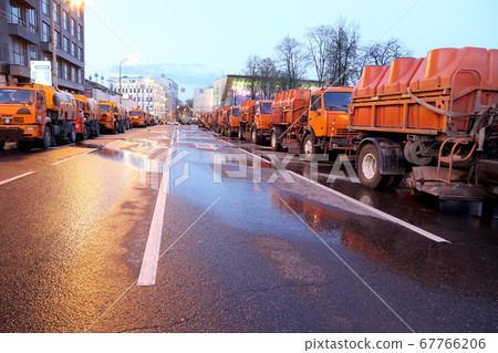 machines for cleaning streets at night in the center of Moscow, Russia machines for cleaning streets at night in the center of Moscow, Russia 67766206