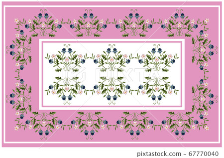 Embroidery of pink tablecloth with white inserts of bouquets with blue-bluish and pink flowers on twisted stems 67770040