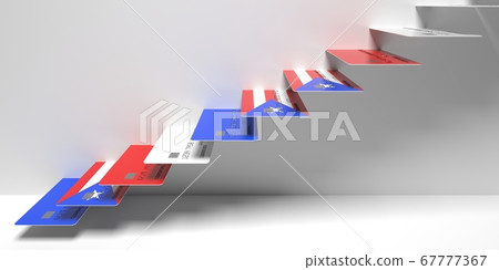 Flag of Puerto Rico on bank cards as stairs of a staircase. Consumer loans related 3D rendering 67777367
