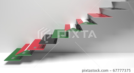 National flag of Sudan on bank cards as stairs of a staircase. Financial upward trend conceptual 3D rendering 67777375