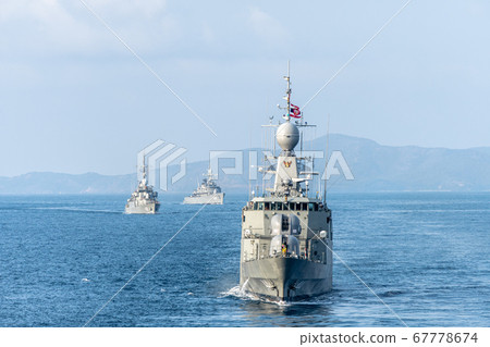 H.T.M.S. Rattanakosin, Royat Thai Navy corvette warship sails in front of anather ships in the fleet 67778674