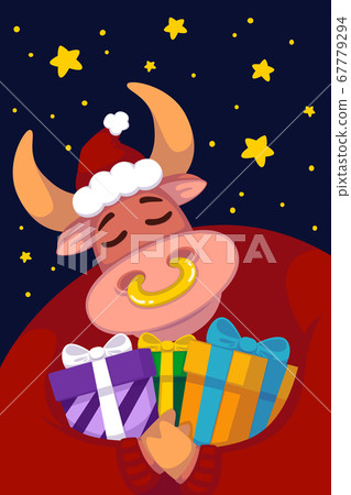 Bull in a santa hat and a red sweater with gifts against the background of the starry sky. Year of the ox. Happy Cow. New year and merry christmas illustration. Chinese zodiac symbol of the year 2021. 67779294