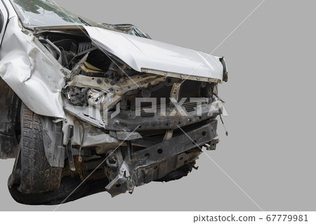 White color car damaged and broken by accident . 67779981