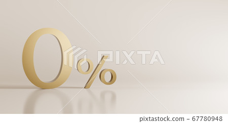 Premium Gold zero percent or 0 % isolated over white background with reflection. 3D Illustration. 67780948