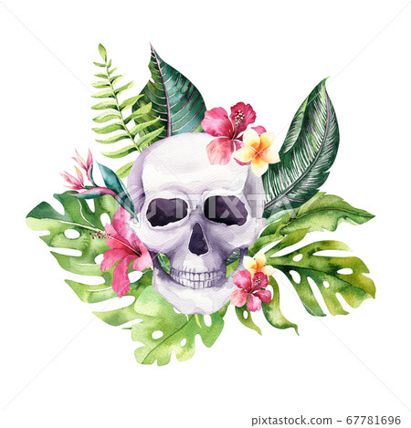 Human watercolor skull with floral tropical bouquets. Mexican Day of the dead. Tropic Head vintage helloween illustration. Retro tattoo death design retro drawing 67781696