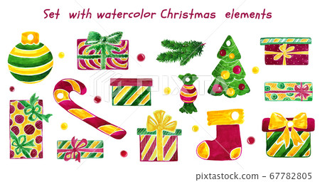 Watercolor set with christmas decoration, festive 67782805