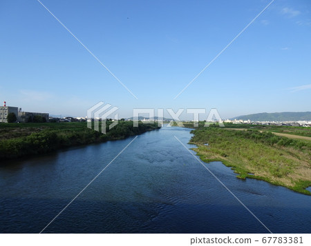 Big river and city in the distance on a blue sky day Big river and city in the distance on a blue sky day 67783381