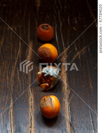 Four rotten apricots on a rough wooden table top, close-up 67784020