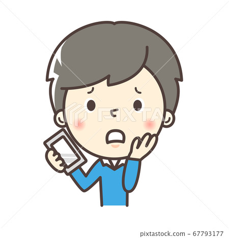 A boy with a troubled expression while holding a smartphone 67793177