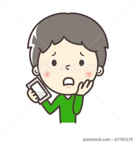 A boy with a troubled expression while holding a smartphone 67793179