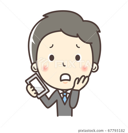 A member of society with a troubled expression while holding a smartphone 67793182