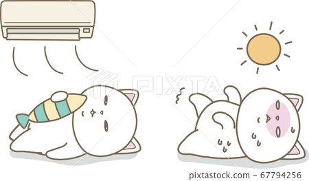 Adjusting the temperature with a cooler. Cats spending a comfortable environment and cats with heat stroke. 67794256