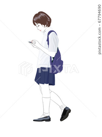 A high school girl who stops and looks at a smartphone A high school girl who stops and looks at a smartphone 67794690