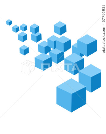 A blue cube on a white background Large and small A lot of square cubes are going in one direction 67795932