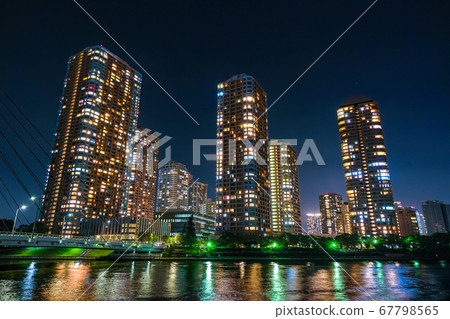 Tokyo Tsukishima High Rise Apartments Night View Stock Photo