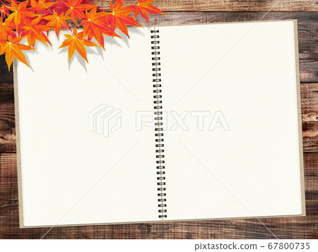 A sketchbook placed on a wooden table with red maples overlapping. 67800735