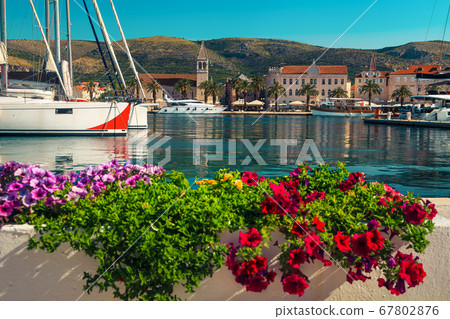 Cityscape with walkway and luxury boats in harbor, Trogir, Croatia 67802876
