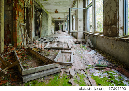 Corridor of abandoned school in resettled village in Chernobyl exclusion zone Corridor of abandoned school in resettled village in Chernobyl exclusion zone 67804390