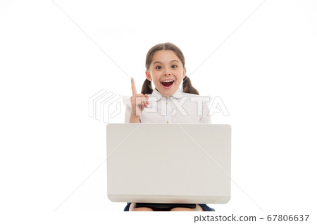 Kid point finger up isolated white. Schoolgirl 67806637