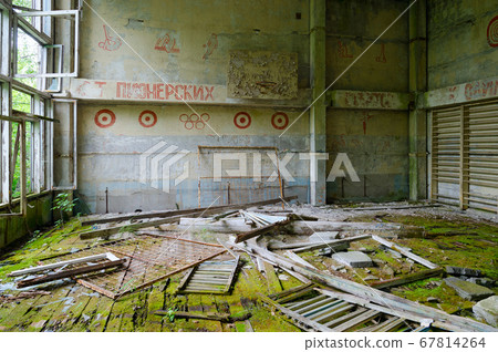 Abandoned school gym in large resettled village of Pogonnoe in exclusion zone of Chernobyl Abandoned school gym in large resettled village of Pogonnoe in exclusion zone of Chernobyl 67814264