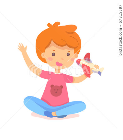 Boy playing with toy plane. Happy cute child... - Stock Illustration ...