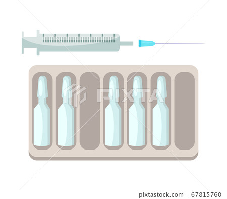 Syringe and ampoule with medicine in container set 67815760