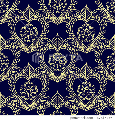 Floral seamless gold pattern on blue. Dark - Stock Illustration ...