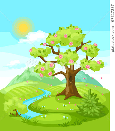 Spring landscape with trees, mountains and hills. 67817287