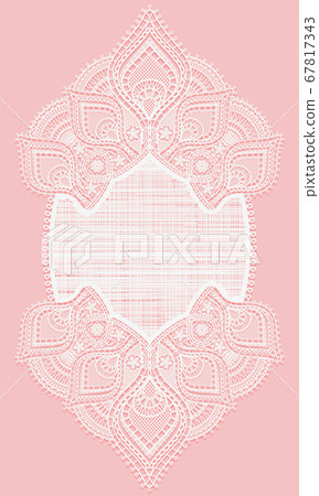 Vertical lace doily. White lacy napkin on a pink 67817343