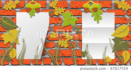 Two Sheets of paper hanging on a red brick wall. Two Sheets of paper hanging on a red brick wall. 67817559