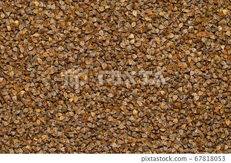Common buckwheat seeds with husks, surface and background. Gluten-free pseudocereal with grain-like seeds, used as a cover crop. Fagopyrum esculentum. Food photo, top view, from above. 67818053