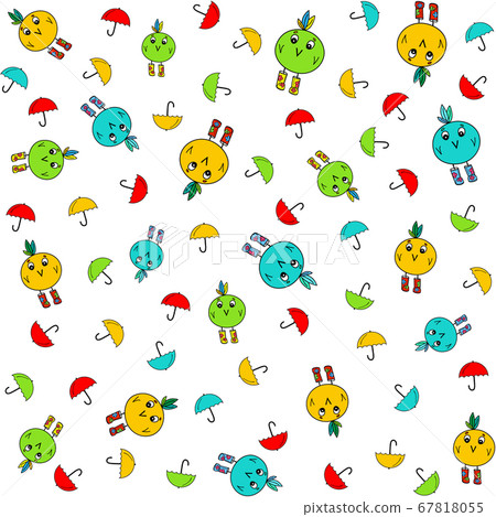 Birds and umbrellas bright illustrations. Seamless pattern isolated on white. Cartoonish drawing with cute characters 67818055