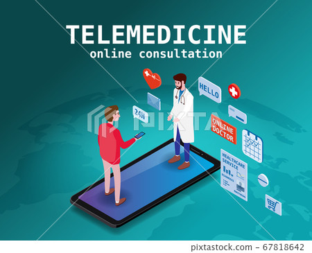 Telemedicine smartphone concept characters doctor and patient consultation diagnosis by internet. Online doctor service. Isometry icons map Earth, vector illustration isolated 67818642